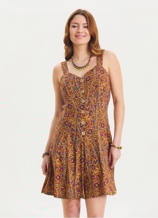 Thin Strap Button Detailed Short Mustard Ethnic Jumpsuit 4567
